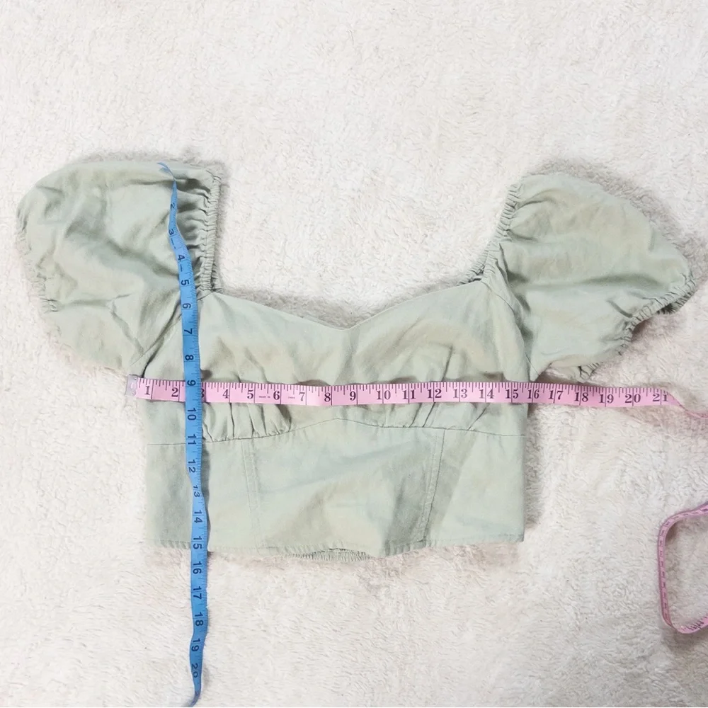 Hollister Sage Green Puff Sleeve Crop Top Linen Blend Size Large